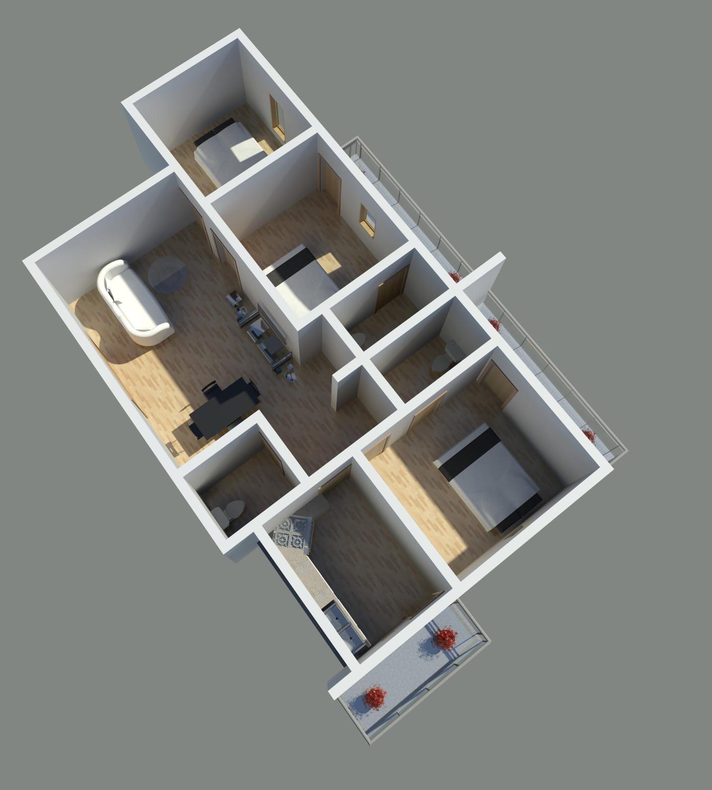02 3bhk 3d render - 2 & 3 BHK Apartments opposite RTO in 100 Feet Road - Mudaliarpet