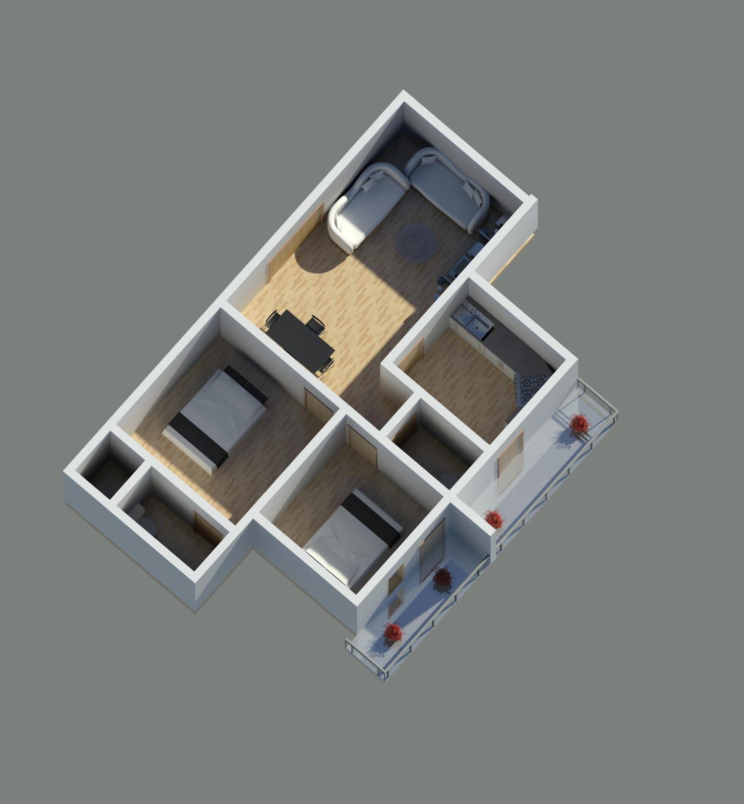 03 1040 2bhk 3d render - 2 & 3 BHK Apartments opposite RTO in 100 Feet Road - Mudaliarpet