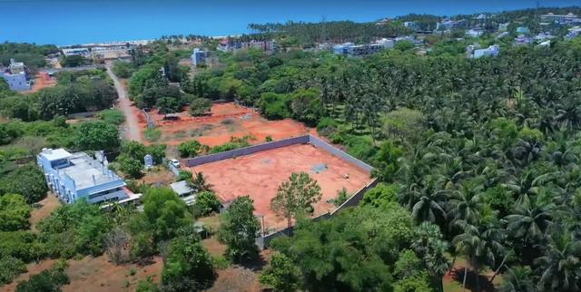 01 drone view with beach - Red Soil Land near Auro Beach in Auroville